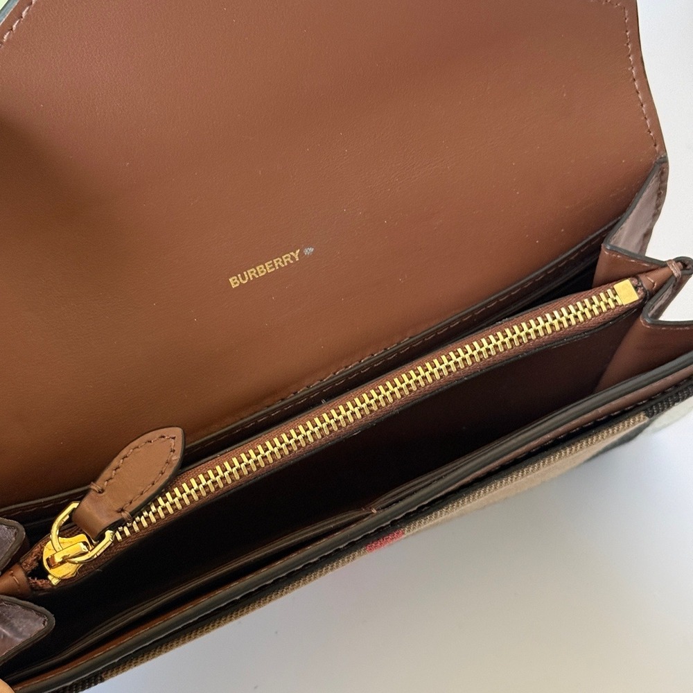 Burberry Classic Check Leather Envelope Continental Wallet Tan Beige Gold Snap - Picture 4 of 9